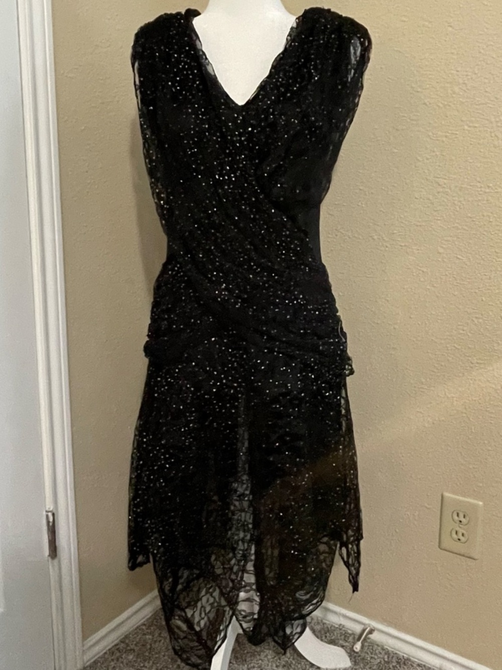 Vintage Scarlett Black Glitter Witchy Whimsigoth Asymmetrical Midi Lace Dress